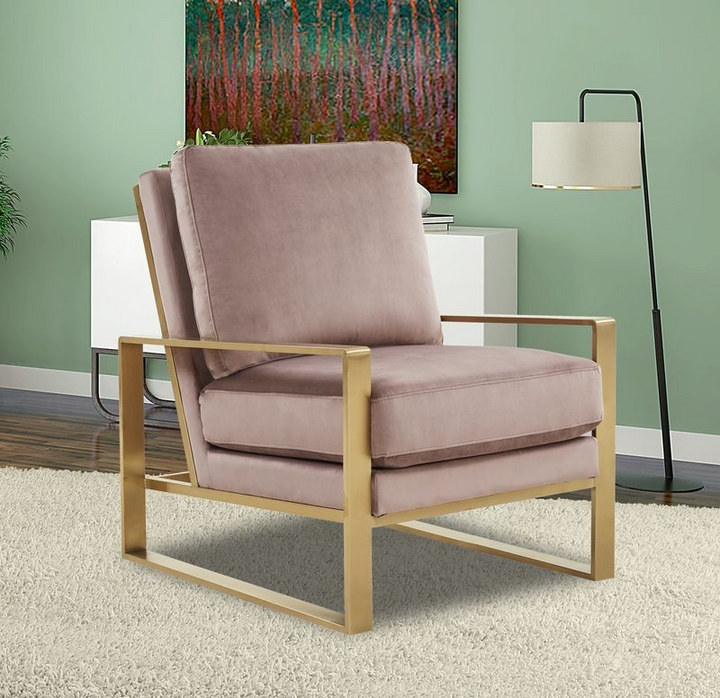 LeisureMod Jefferson Velvet Design Accent Armchair with Gold Brass Finish Frame Pink with Background.