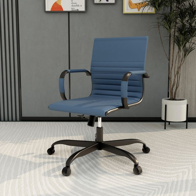 LeisureMod Harris Leather Office Chair in Blue with Black Frame with Background.