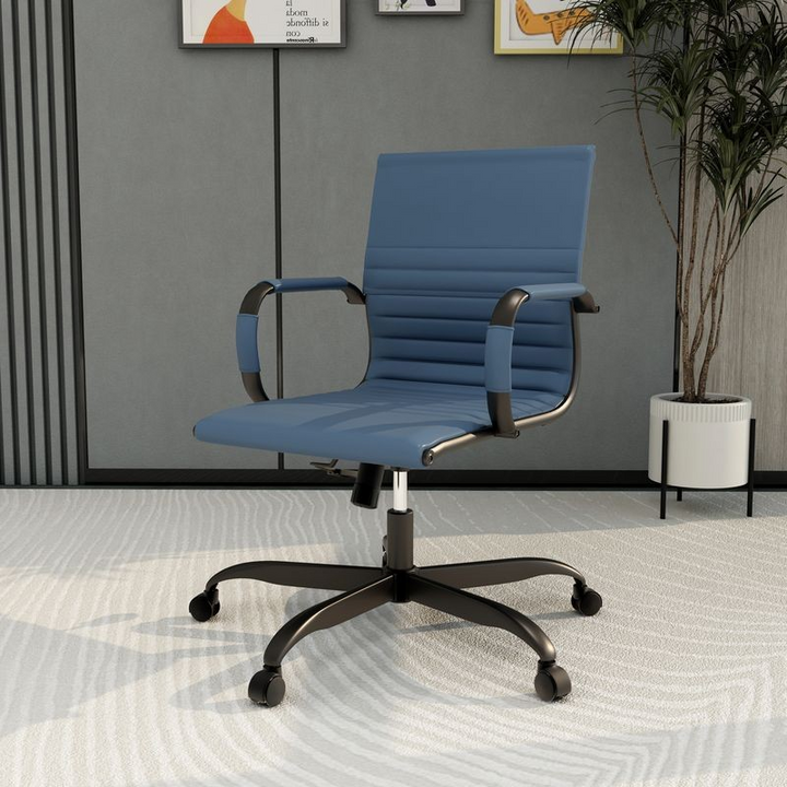 LeisureMod Harris Leather Office Chair in Blue with Black Frame with Background.