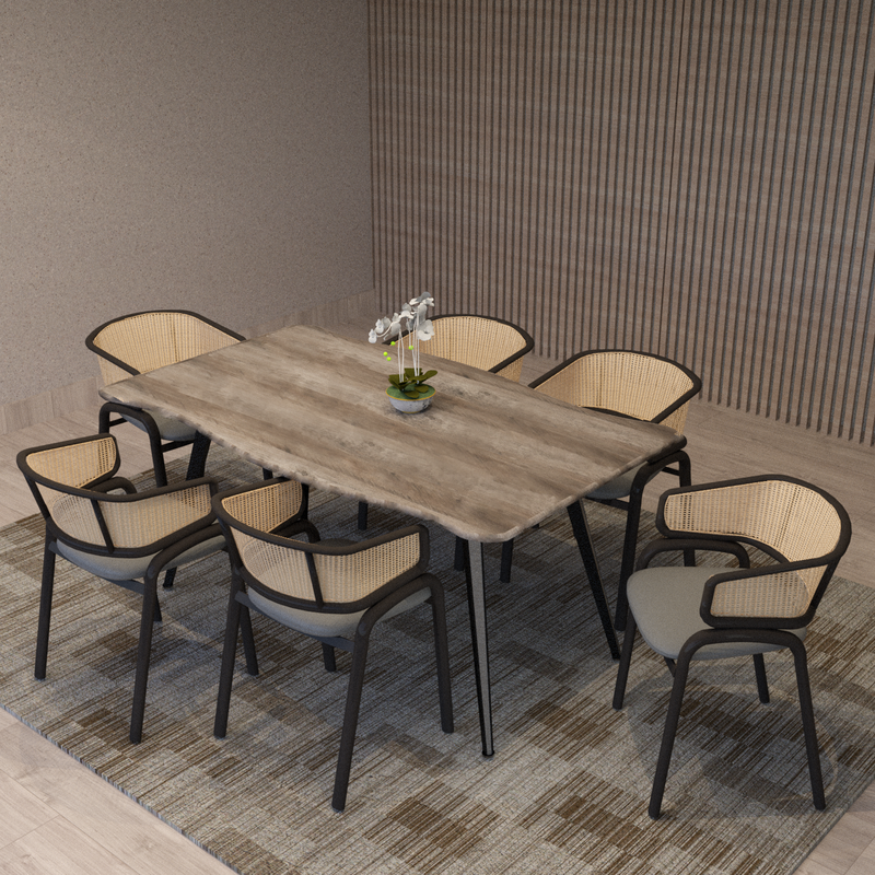 Leisuremod Ervilla Modern Dining Chair with Stainless Steel Legs Velvet Seat and Wicker Back Grey at Table
