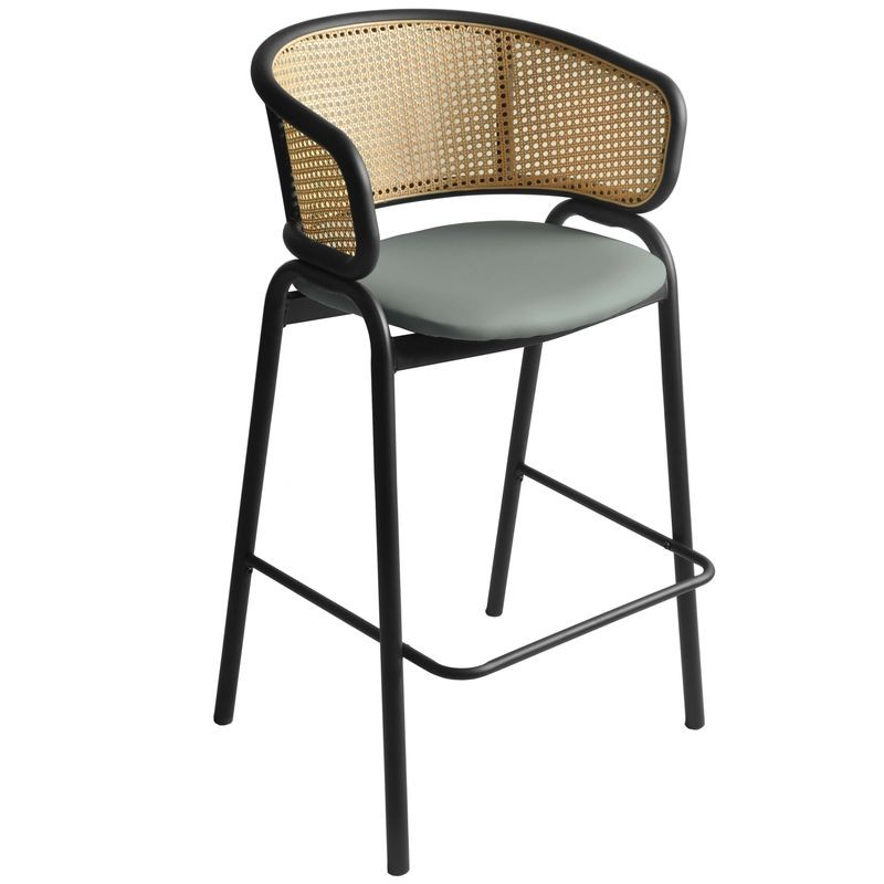 LeisureMod Ervilla Wicker Bar Stool with Fabric Seat and Black Steel Frame in Grey Leather