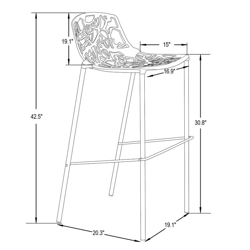 LeisureMod Devon Mid-Century Modern Aluminum Bar Stool with Powder Coated Frame and Footrest White Dimensions.