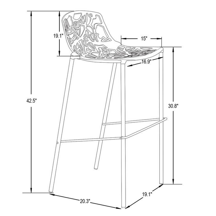 LeisureMod Devon Mid-Century Modern Aluminum Bar Stool with Powder Coated Frame and Footrest White Dimensions.
