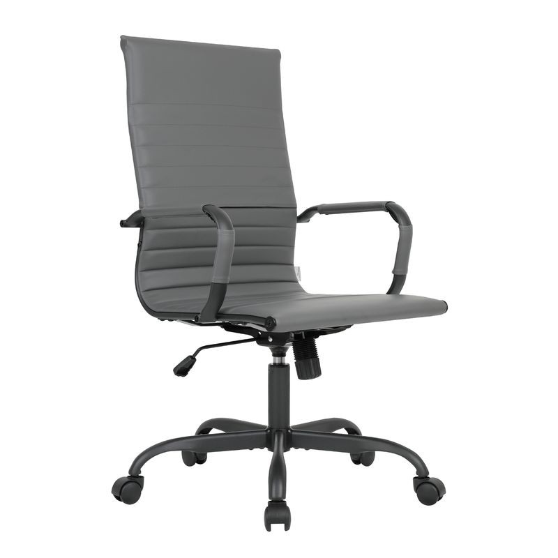 LeisureMod Harris Leather Home High-Back Office Chair in Grey with Black Frame