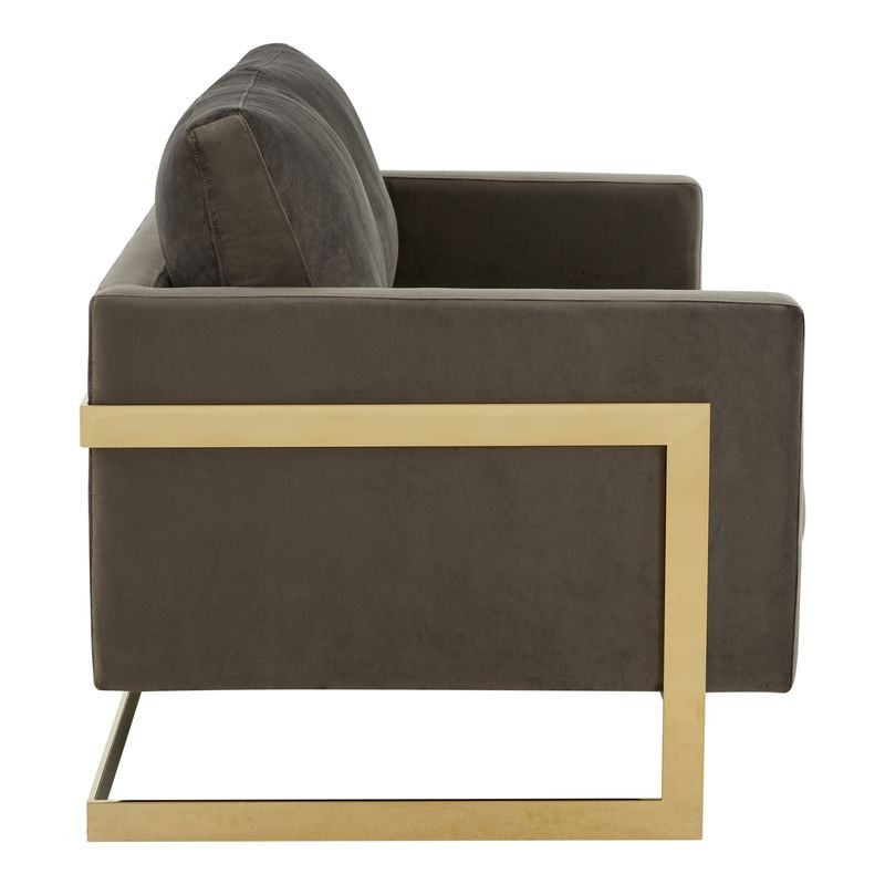 LeisureMod Lincoln Modern Mid-Century Upholstered Velvet Loveseat with Gold Frame Dark Grey Side View.