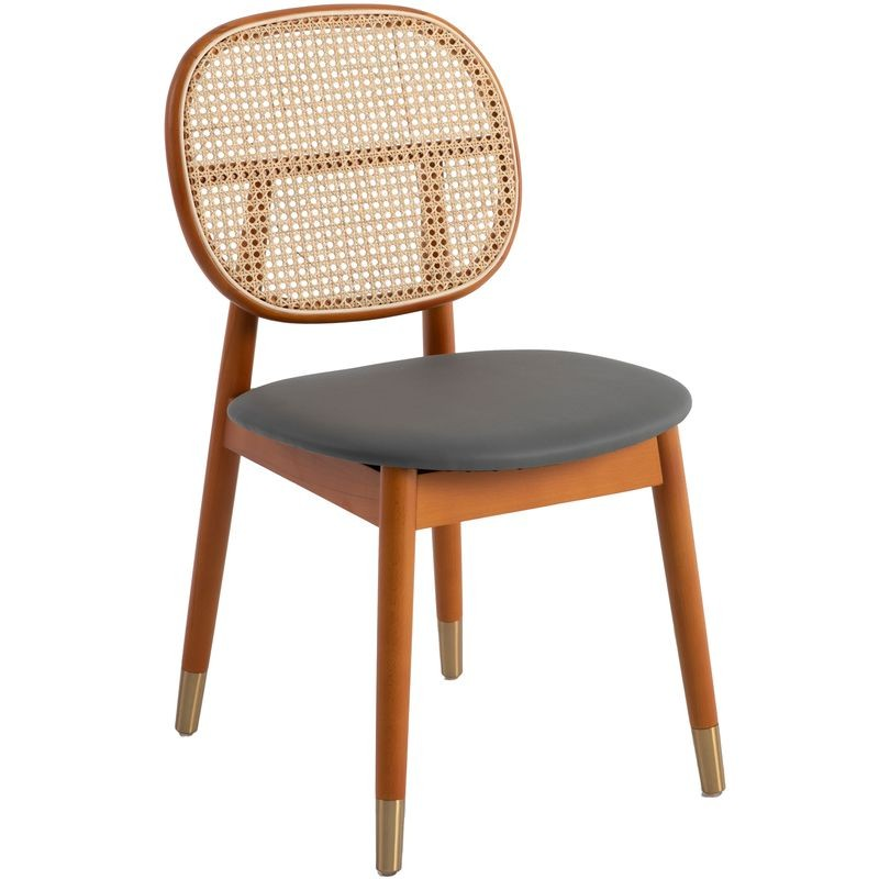 LeisureMod Holbeck Wicker Dining Chair with Upholstered Leather Seat and Beech Wood Legs Grey