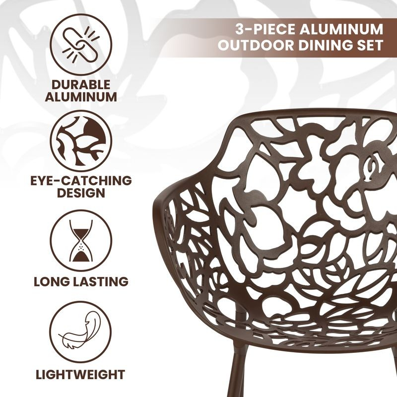 3-piece aluminum outdoor dining set with decorative design on a white background.