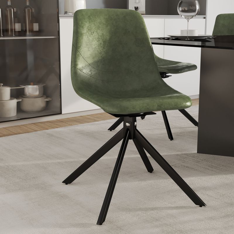 LeisureMod Markley Modern Leather Swivel Dining Chair with Metal Legs in Green with Background.