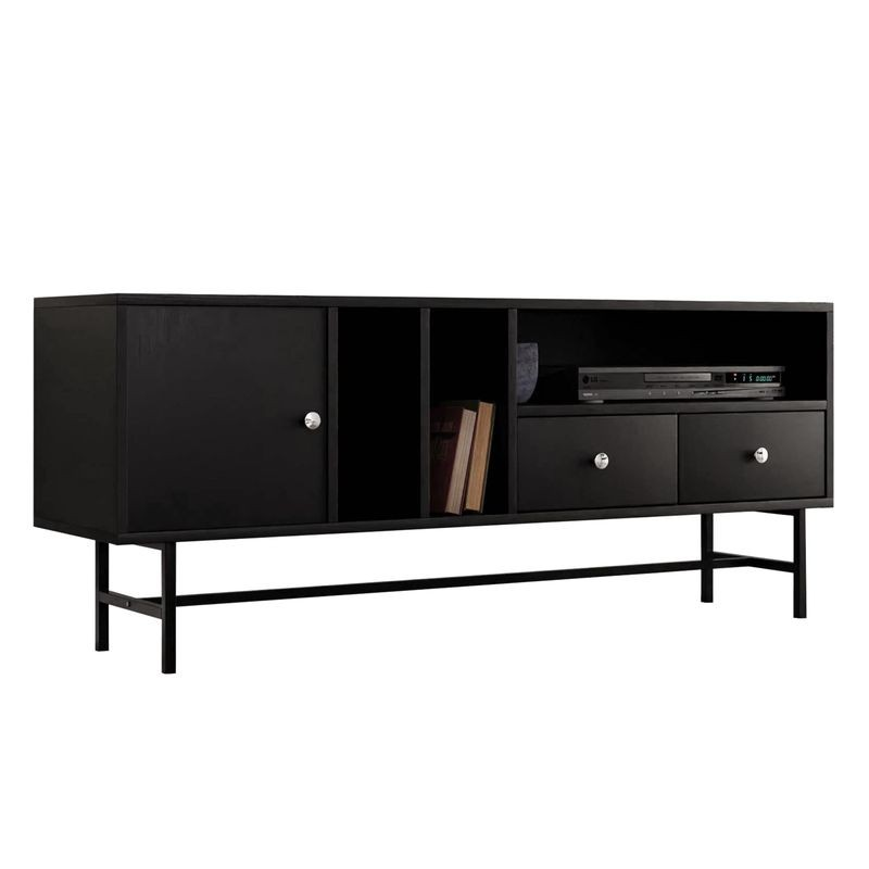 LeisureMod Rochester Modern Rectangular TV Stand with Enclosed Storage and Powder Coated Iron Legs Ebony Closer View.