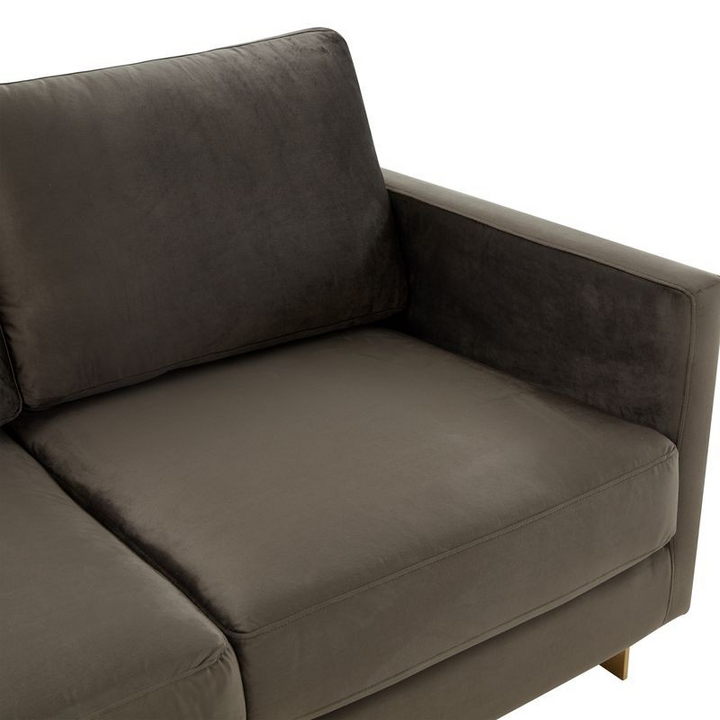 LeisureMod Lincoln Modern Mid-Century Upholstered Velvet Loveseat with Gold Frame Dark Grey Zoomed In.