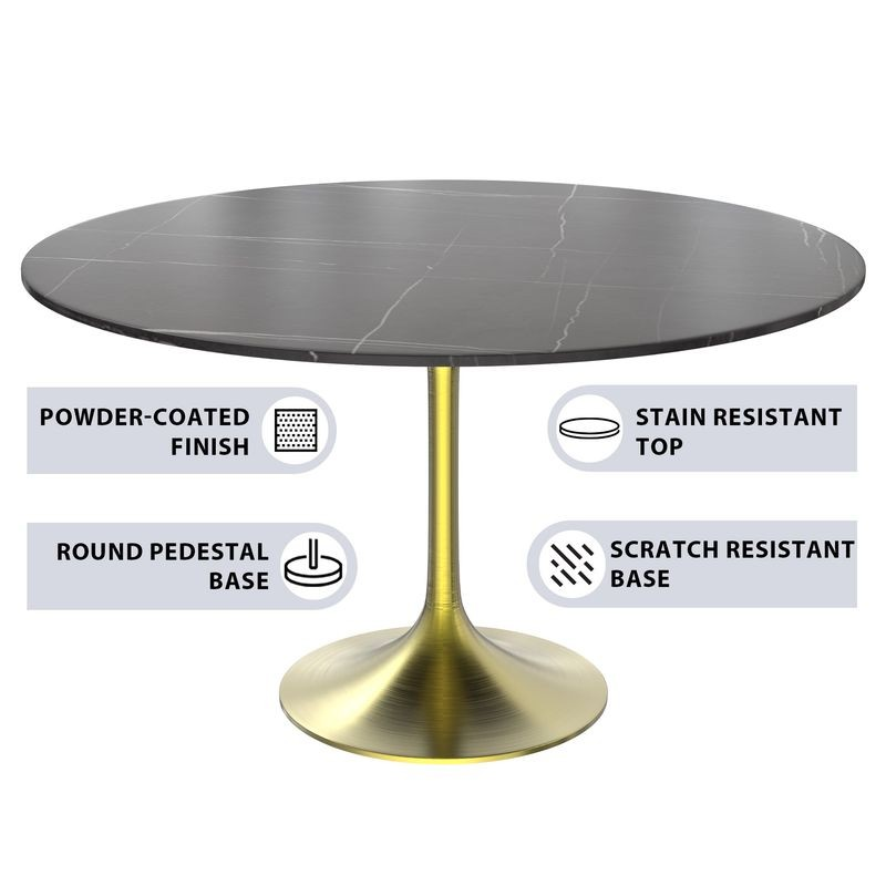 LeisureMod Verve Collection 48 Round Dining Table, Brushed Gold Base with Sintered Stone Black Top Information.