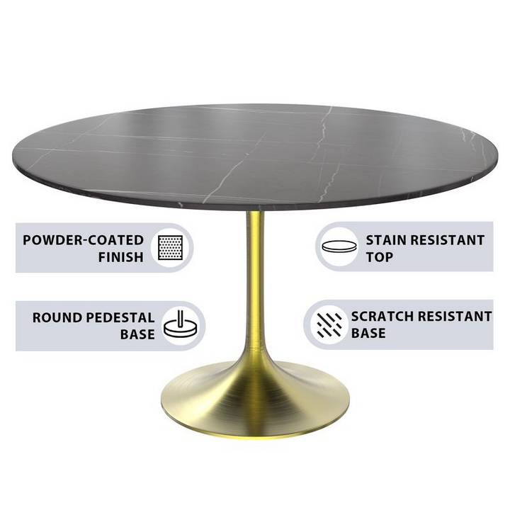 LeisureMod Verve Collection 48 Round Dining Table, Brushed Gold Base with Sintered Stone Black Top Information.