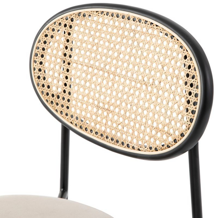 LeisureMod Euston Modern Wicker Dining Chair with Velvet Round Seat Beige Zoomed In Wicker.