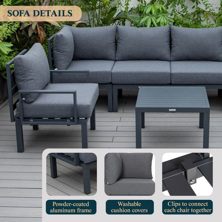 LeisureMod Chelsea 7-Piece Patio Sectional and Coffee Table Set Black Aluminum with Cushions Black Information.