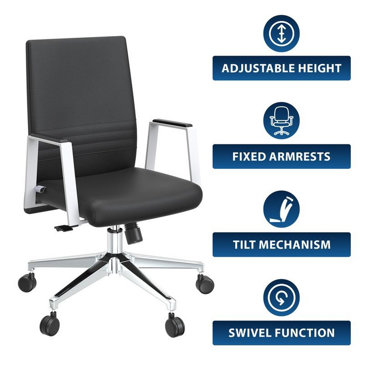 Black office chair with adjustable height, fixed armrests, tilt mechanism, and swivel function on a white background.