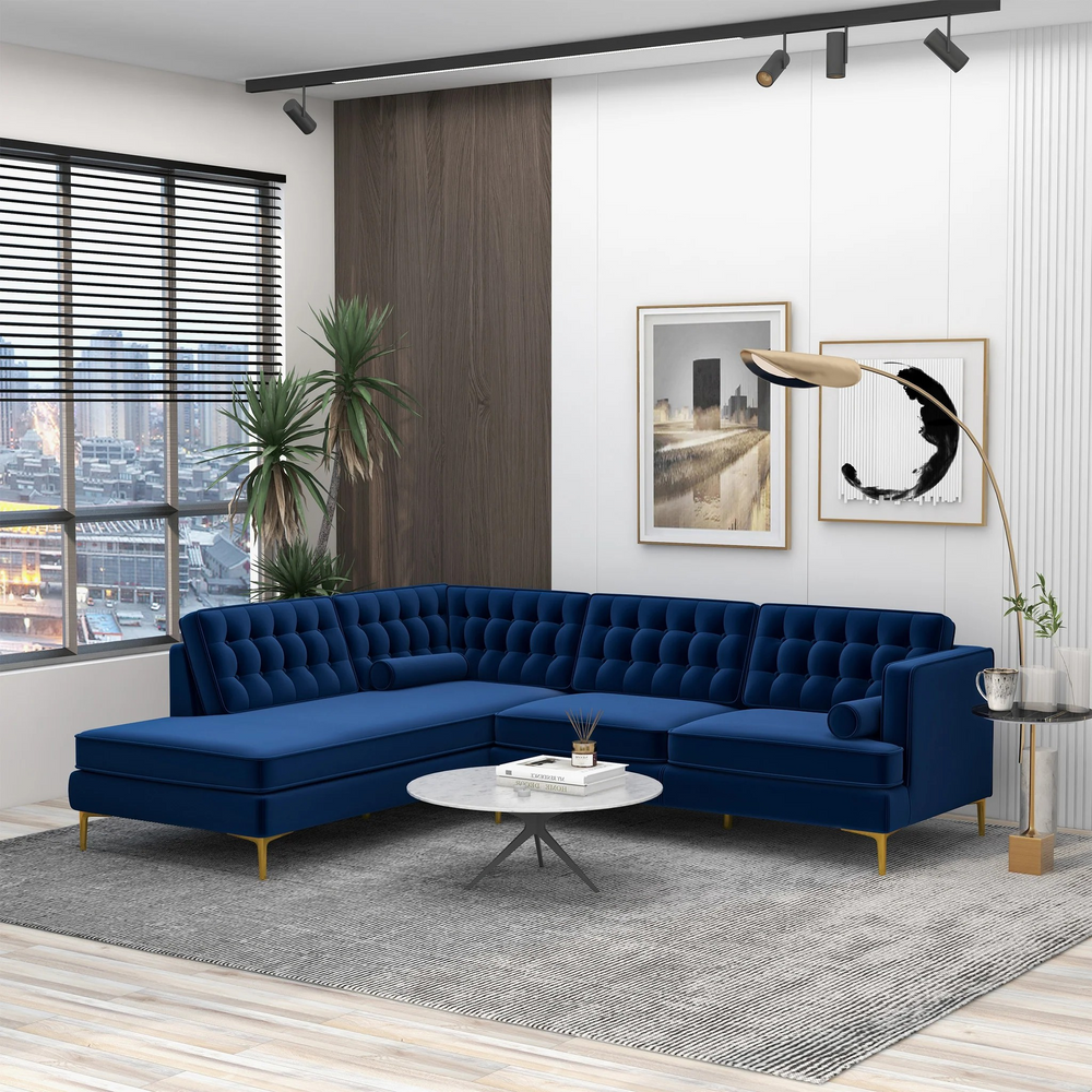 Brooke Dark Blue Sectional Sofa Left Facing with Background.