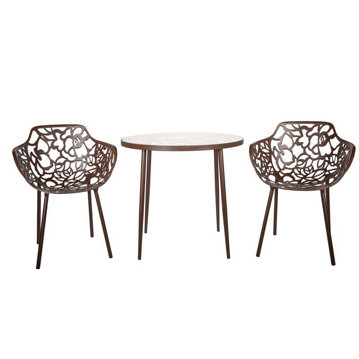 LeisureMod Devon Tree Design Glass Top Aluminum Base Indoor Outdoor Bistro Dining Table Brown with Chairs.