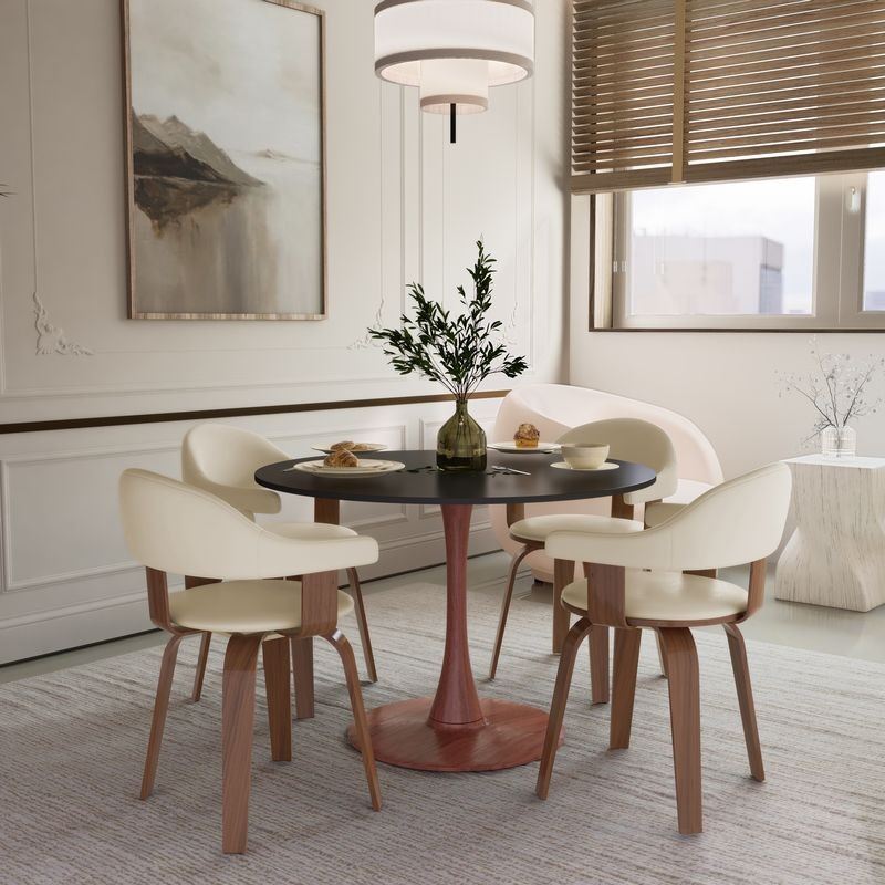 LeisureMod Bristol 40" Round Dining Table Wood Transfer Cherry Base with MDF Black Top in Room.