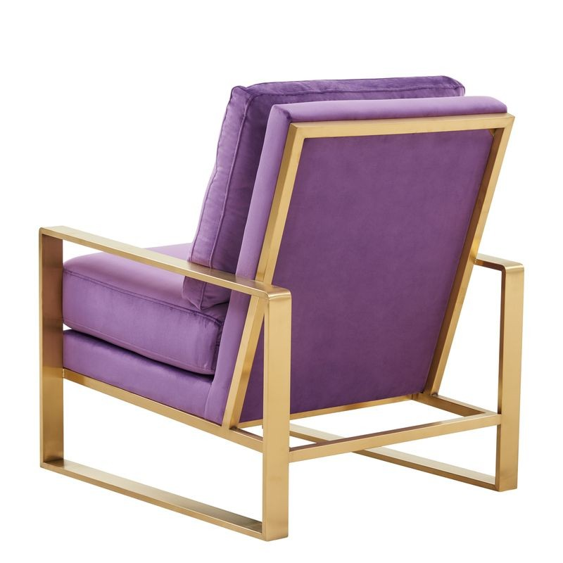 LeisureMod Jefferson Velvet Design Accent Armchair with Gold Brass Finish Frame Purple Back View.