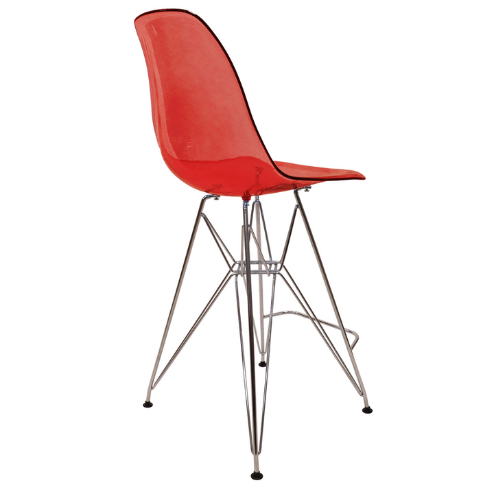 LeisureMod Cresco Modern Acrylic Barstool with Chrome Base and Footrest in Transparent Red Back View.