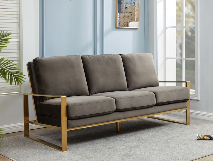 LeisureMod Jefferson Contemporary Modern Design Velvet Sofa with Gold Frame Dark Grey with Background.