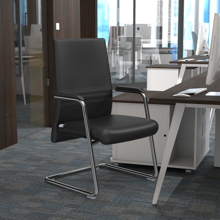 LeisureMod Aleen Series Guest Office Chair in Black Leather in Office.