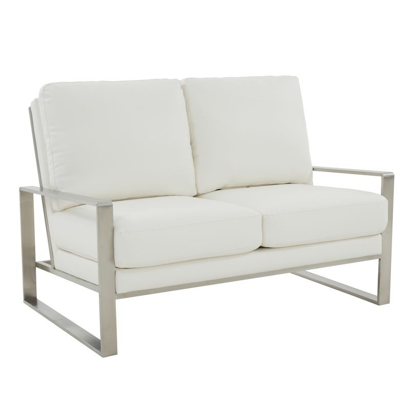 Leisuremod Jefferson Contemporary Modern Faux Leather Loveseat with Silver Frame White