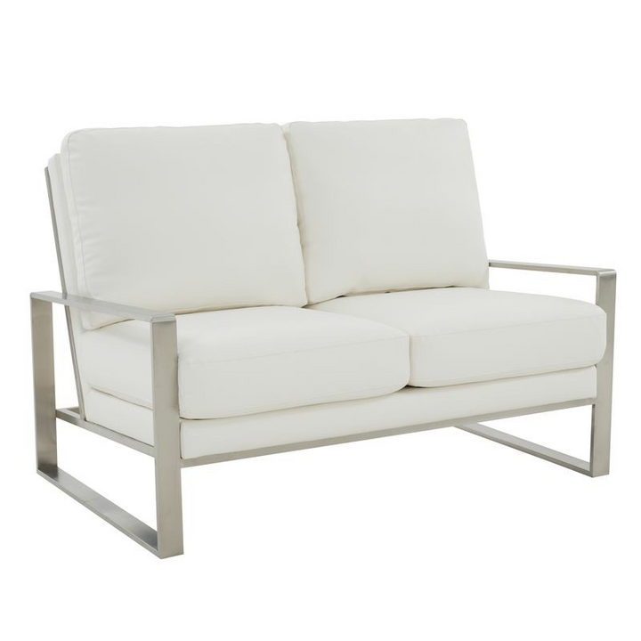 Leisuremod Jefferson Contemporary Modern Faux Leather Loveseat with Silver Frame White
