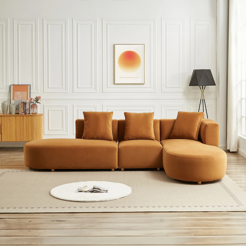 Orby Velvet Sectional Sofa Right Facing Front View.