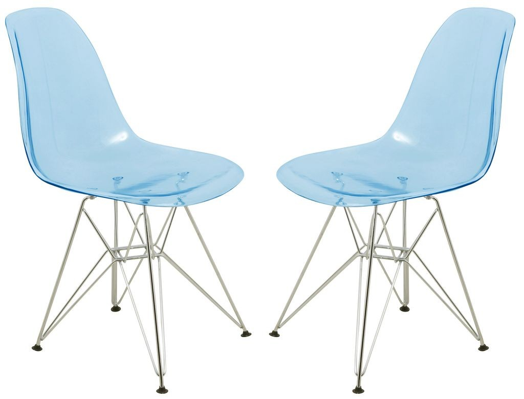 LeisureMod Cresco Molded Eiffel Side Chair, Set of 2 Transparent Blue