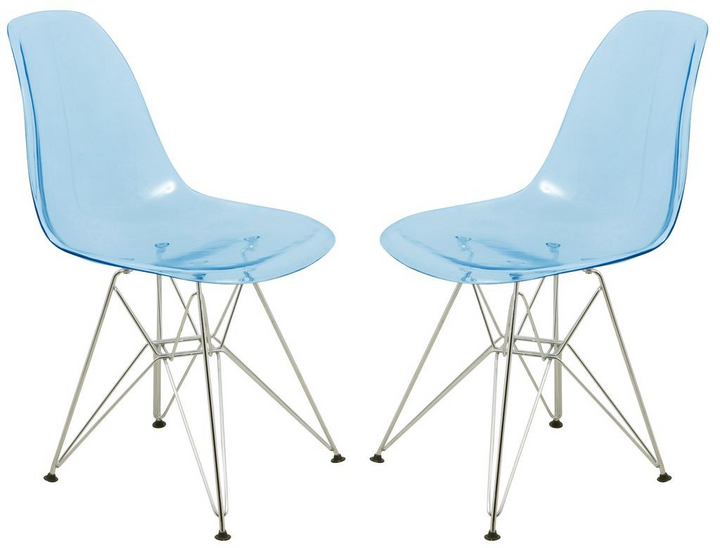 LeisureMod Cresco Molded Eiffel Side Chair, Set of 2 Transparent Blue