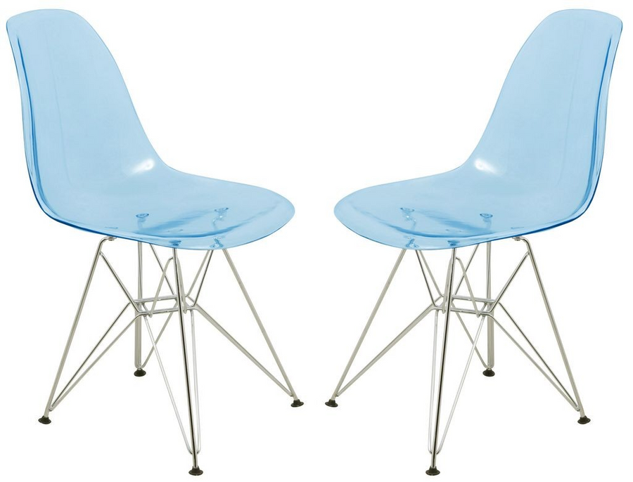LeisureMod Cresco Molded Eiffel Side Chair, Set of 2 Transparent Blue
