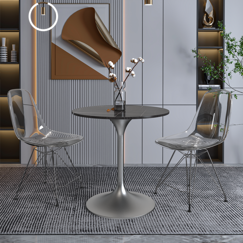 LeisureMod Verve Collection 27 Round Dining Table, Brushed Chrome Base with Sintered Stone Black Top with Chairs.