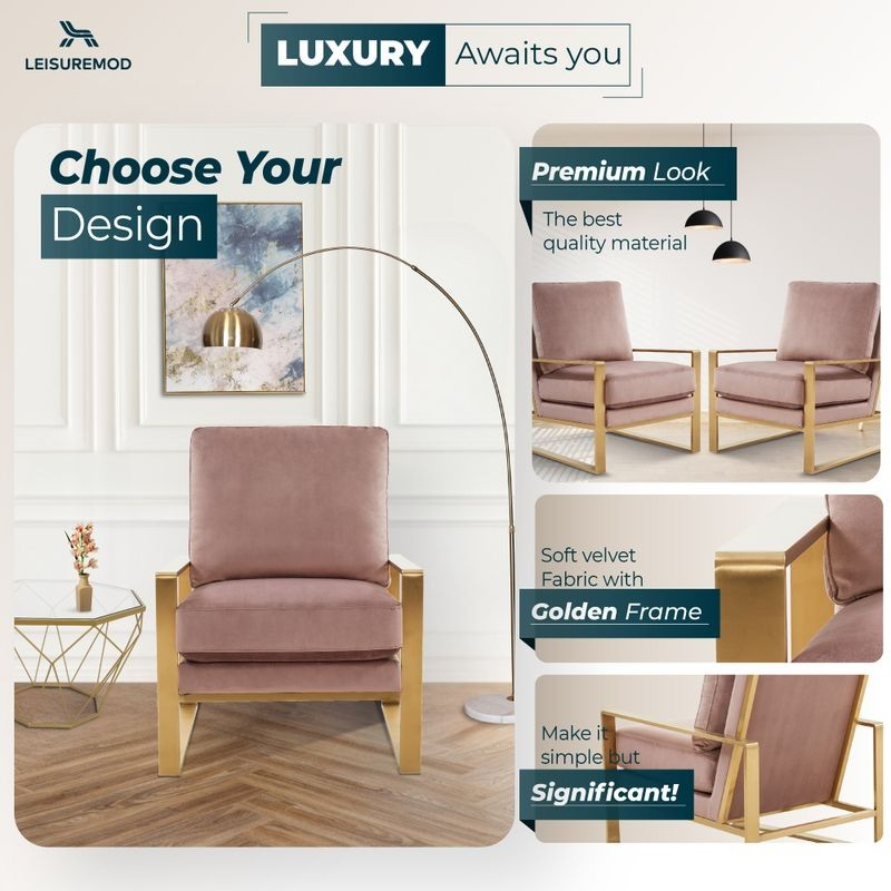 LeisureMod Jefferson Velvet Design Accent Armchair with Gold Brass Finish Frame Pink Designs