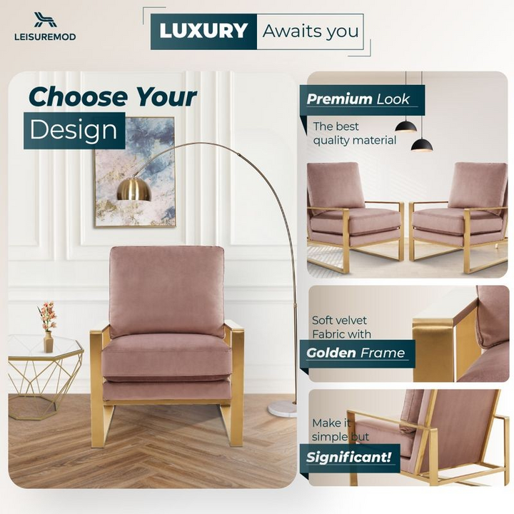 LeisureMod Jefferson Velvet Design Accent Armchair with Gold Brass Finish Frame Pink Designs