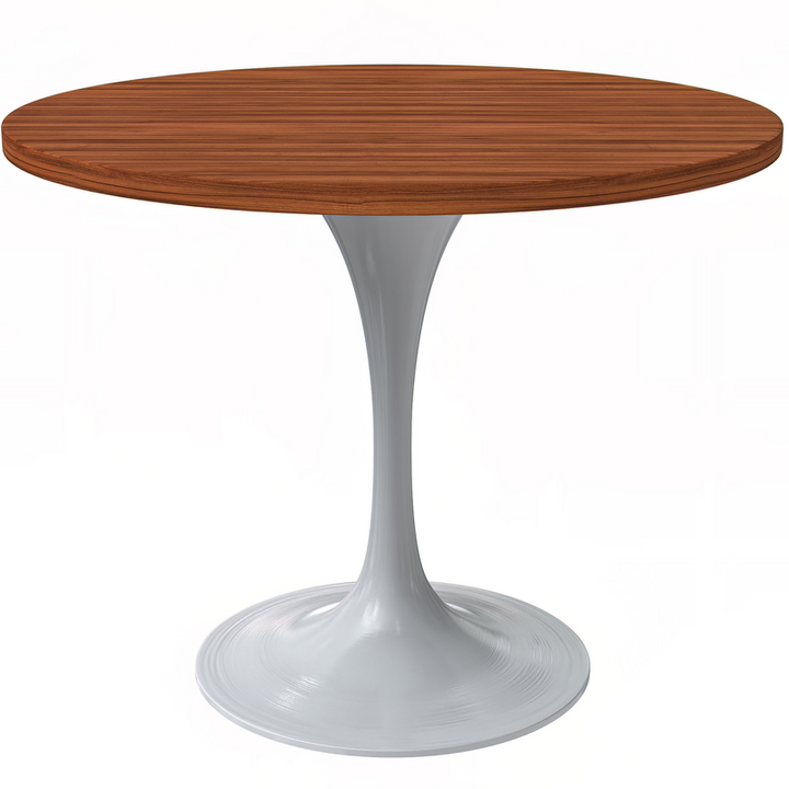 LeisureMod Verve Collection 36 Round Dining Table, White Base with Cognac Brown MDF Top