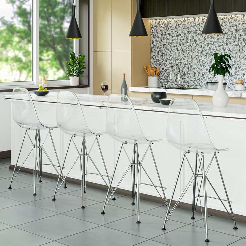 LeisureMod Cresco Modern Acrylic Barstool with Chrome Base and Footrest in Clear at Bar.