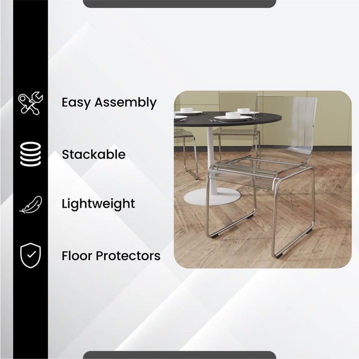 Dining table with chairs on a wooden floor, featuring text on assembly, stackability, weight, and floor protectors.