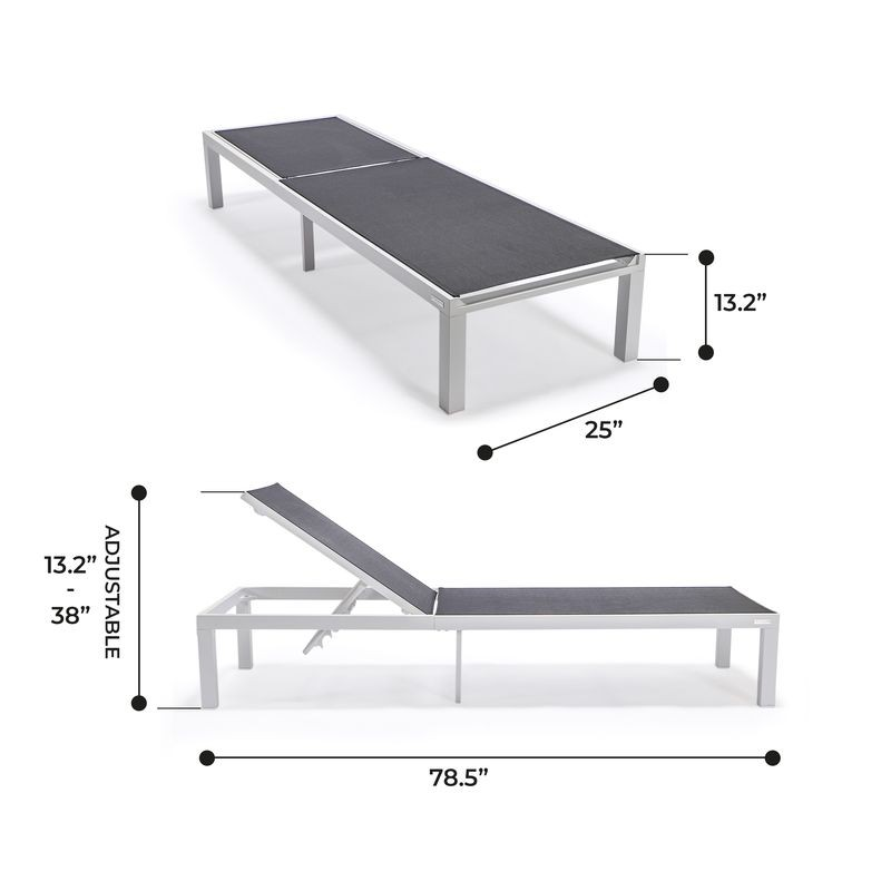LeisureMod Marlin Patio Chaise Lounge Chair with White Aluminum Frame Black Dimensions.