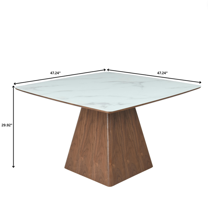 LeisureMod Zephry Collection Modern Dining Wooden Square Dining Table Walnut with Marbled Top Dimensions.