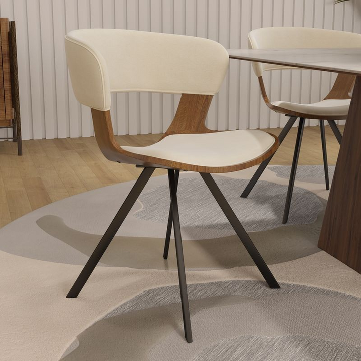LeisureMod Wooden Dining Chair Modern style Nymia Collection Walnut Color in Beige with Background.