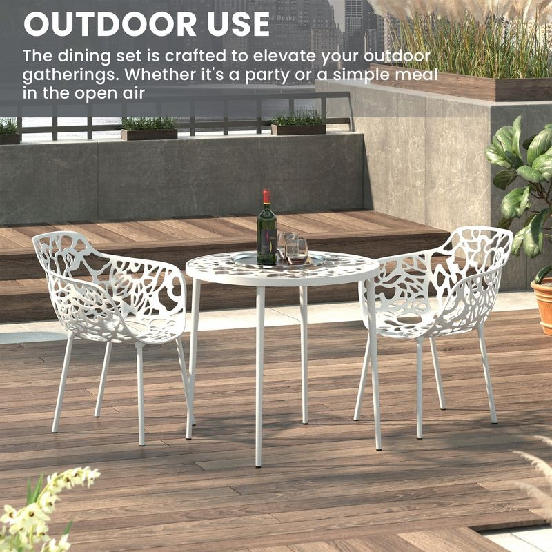 Outdoor dining set with chairs and table on a wooden deck, featuring text about outdoor use.