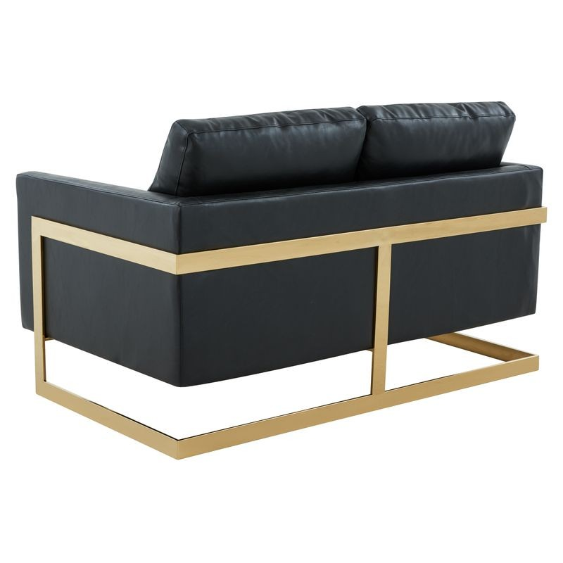 LeisureMod Lincoln Modern Mid-Century Upholstered PU Leather Loveseat with Gold Frame Black Back View.