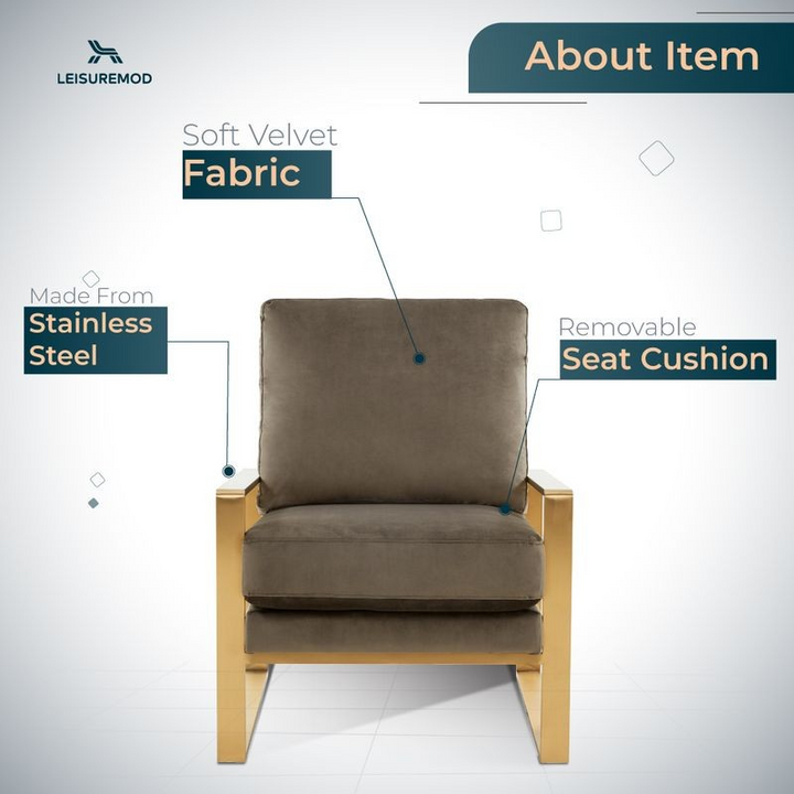 LeisureMod Jefferson Velvet Design Accent Armchair with Gold Brass Finish Frame Description