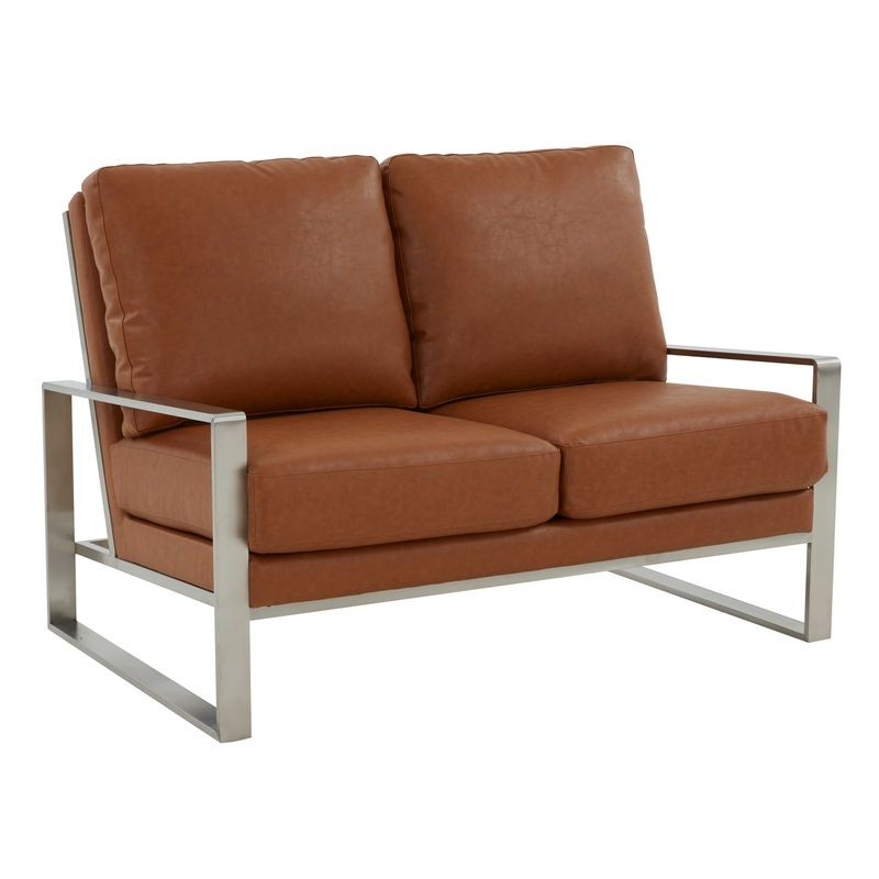 Leisuremod Jefferson Contemporary Modern Faux Leather Loveseat with Silver Frame Cognac Tan