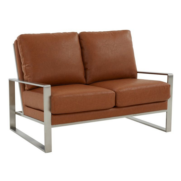 Leisuremod Jefferson Contemporary Modern Faux Leather Loveseat with Silver Frame Cognac Tan