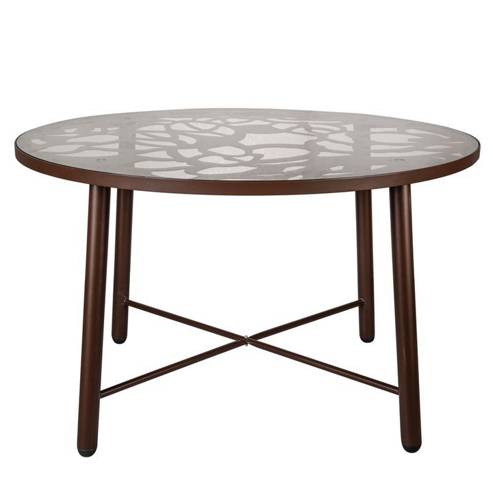 LeisureMod Devon Tree Design Glass Top Aluminum Base Indoor Outdoor Dining Table Brown