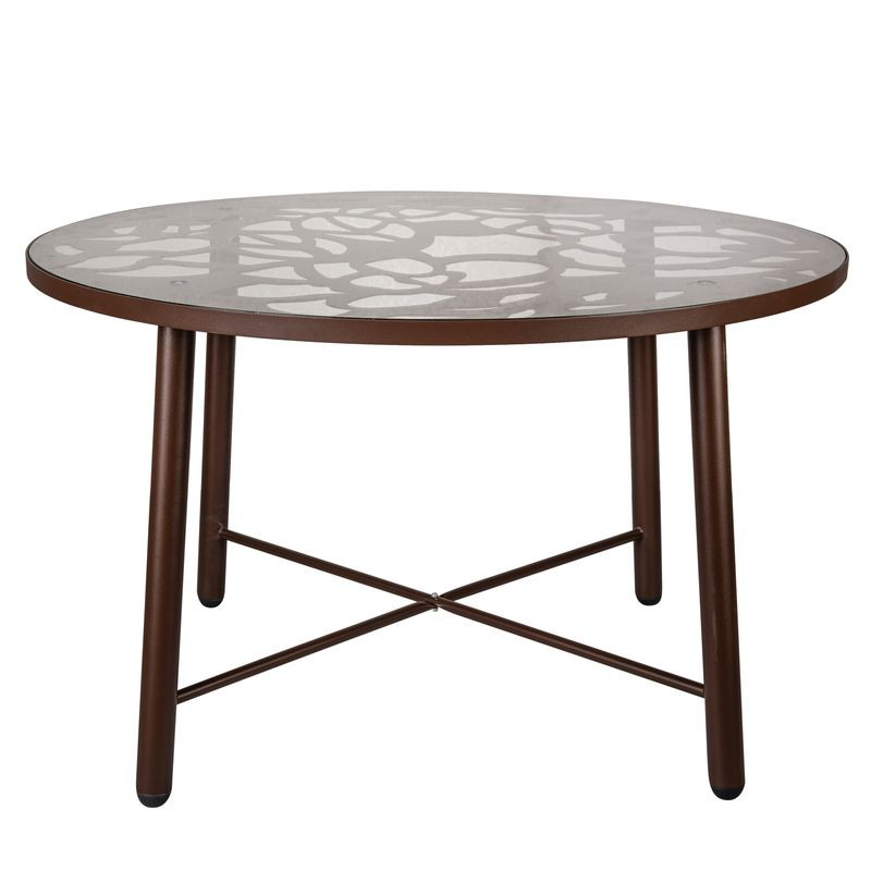 LeisureMod Devon Tree Design Glass Top Aluminum Base Indoor Outdoor Dining Table Brown