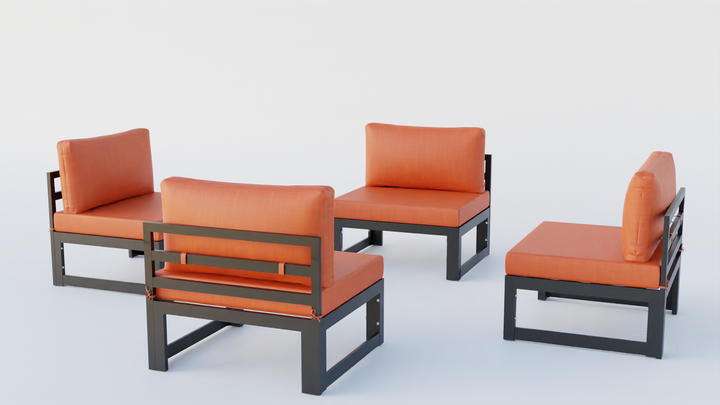 LeisureMod Chelsea 4-Piece Middle Patio Chairs Black Aluminum with Cushions Orange Image.