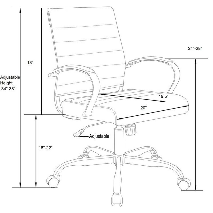 Technical drawing of an office chair with dimensions labeled.